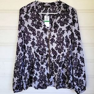 NWT THALIA SODI Womens Gray Zippered Floral Long Sleeve Collared Peplum Top L